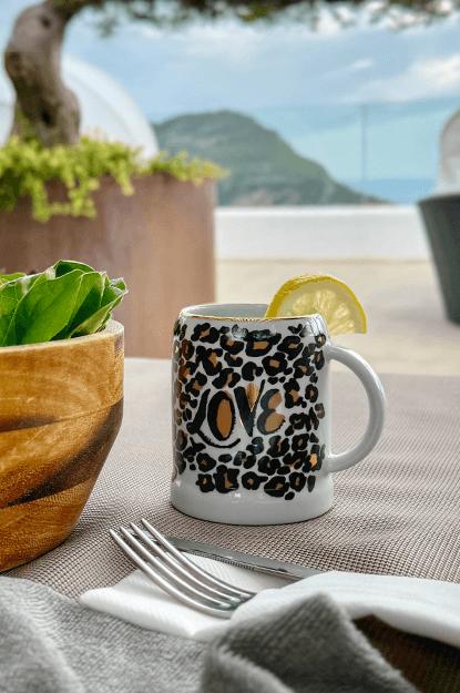 Das LeoKing Krügerl mit Zitronenwasser im Hintergrund eine tolle Aussicht auf Ibiza
